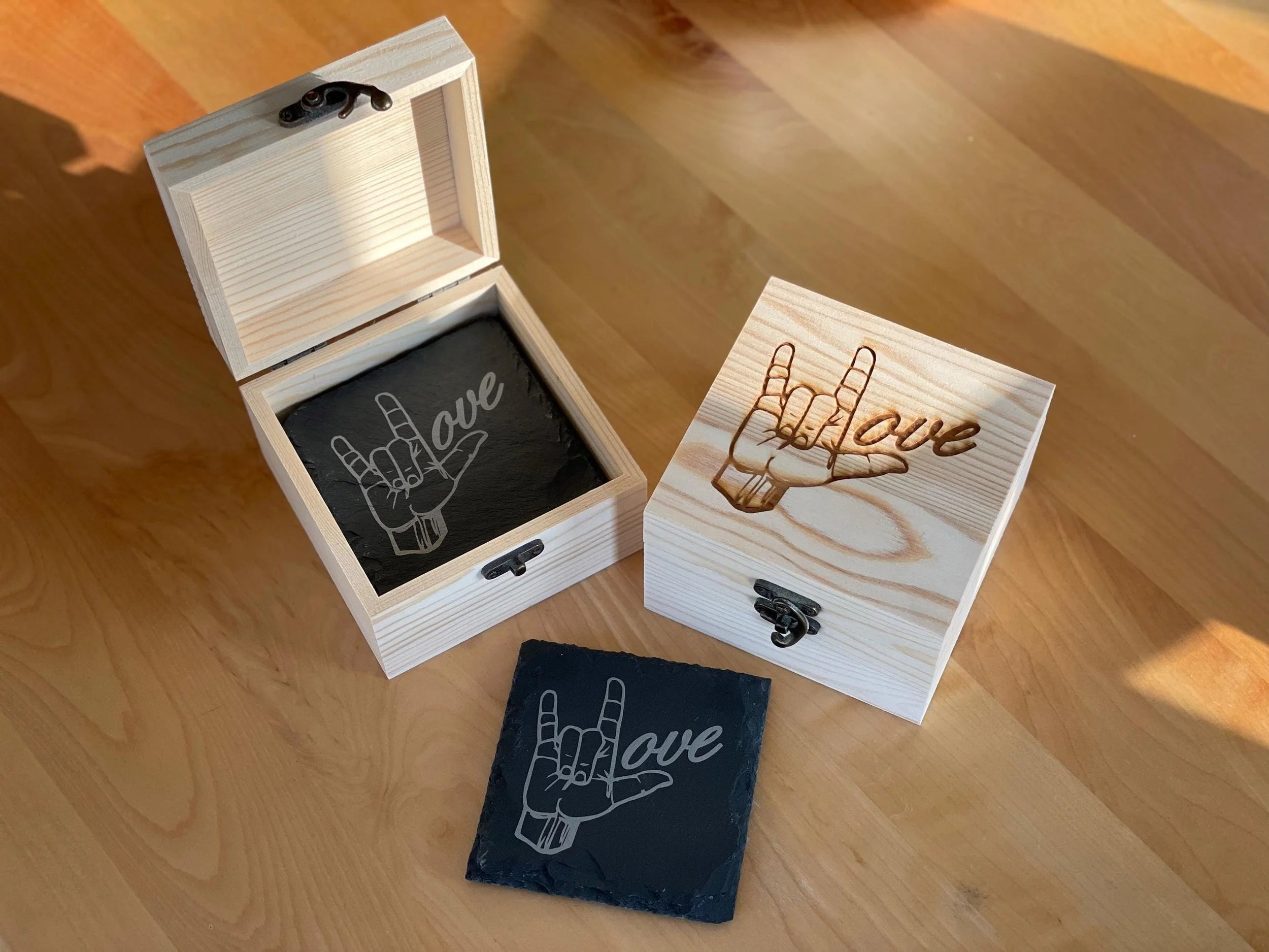 I Love You ASL Set of 6 Coasters with Wood Box