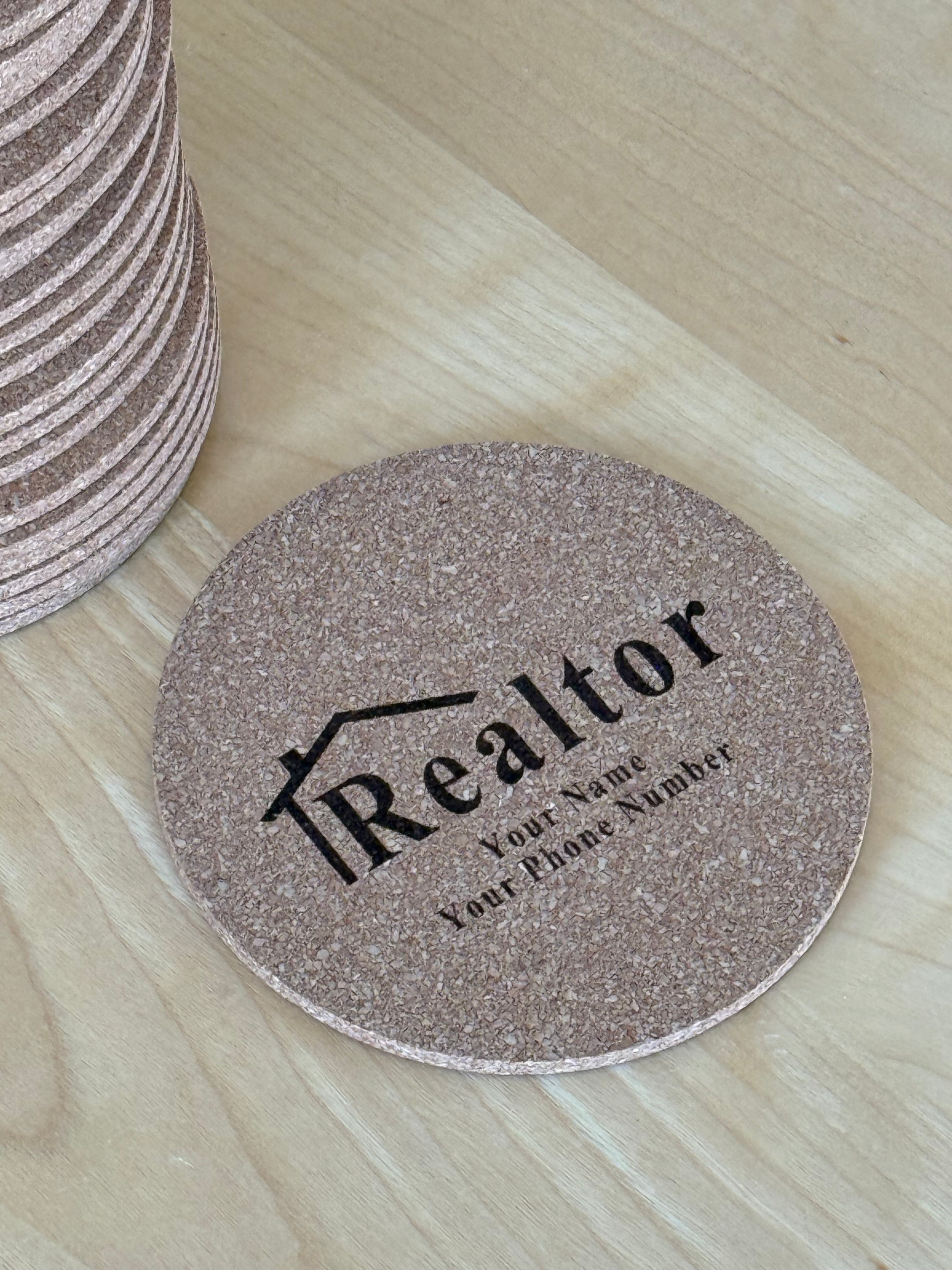 Custom Realtor Cork Coasters – Set of 25 | 3.5” Engraved Logo Coasters | Open House & Closing Gifts