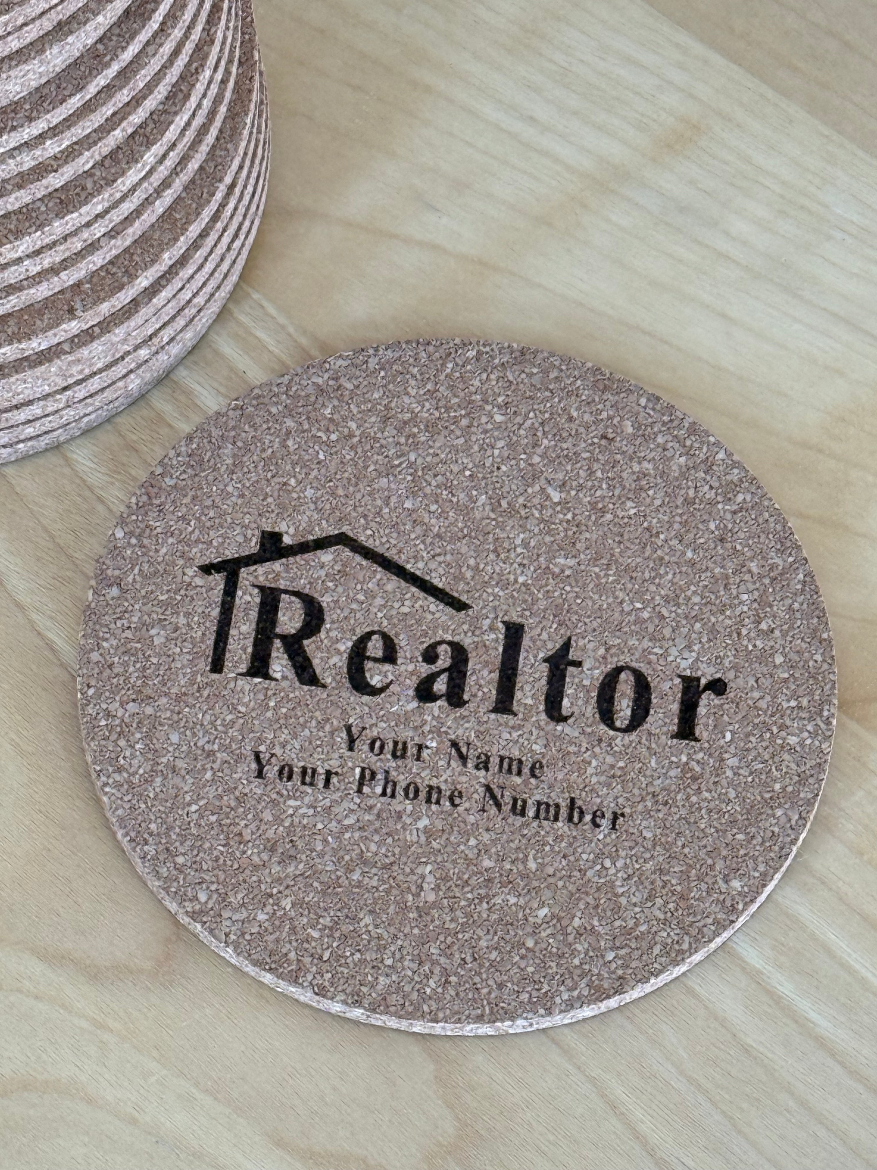 Custom Realtor Cork Coasters – Set of 25 | 3.5” Engraved Logo Coasters | Open House & Closing Gifts
