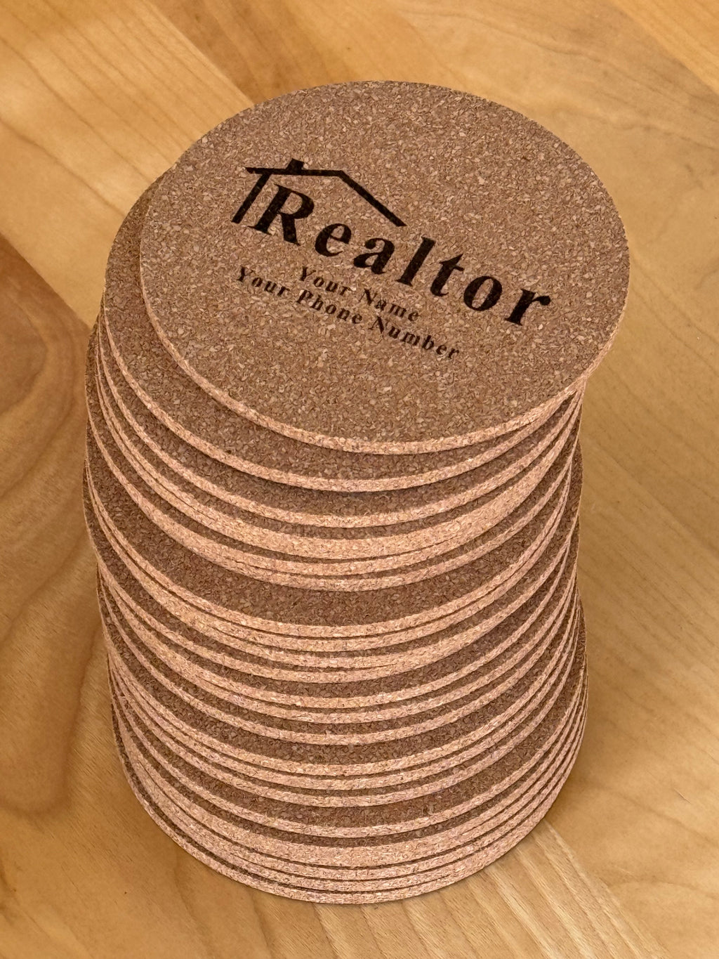 Custom Realtor Cork Coasters – Set of 25 | 3.5” Engraved Logo Coasters | Open House & Closing Gifts