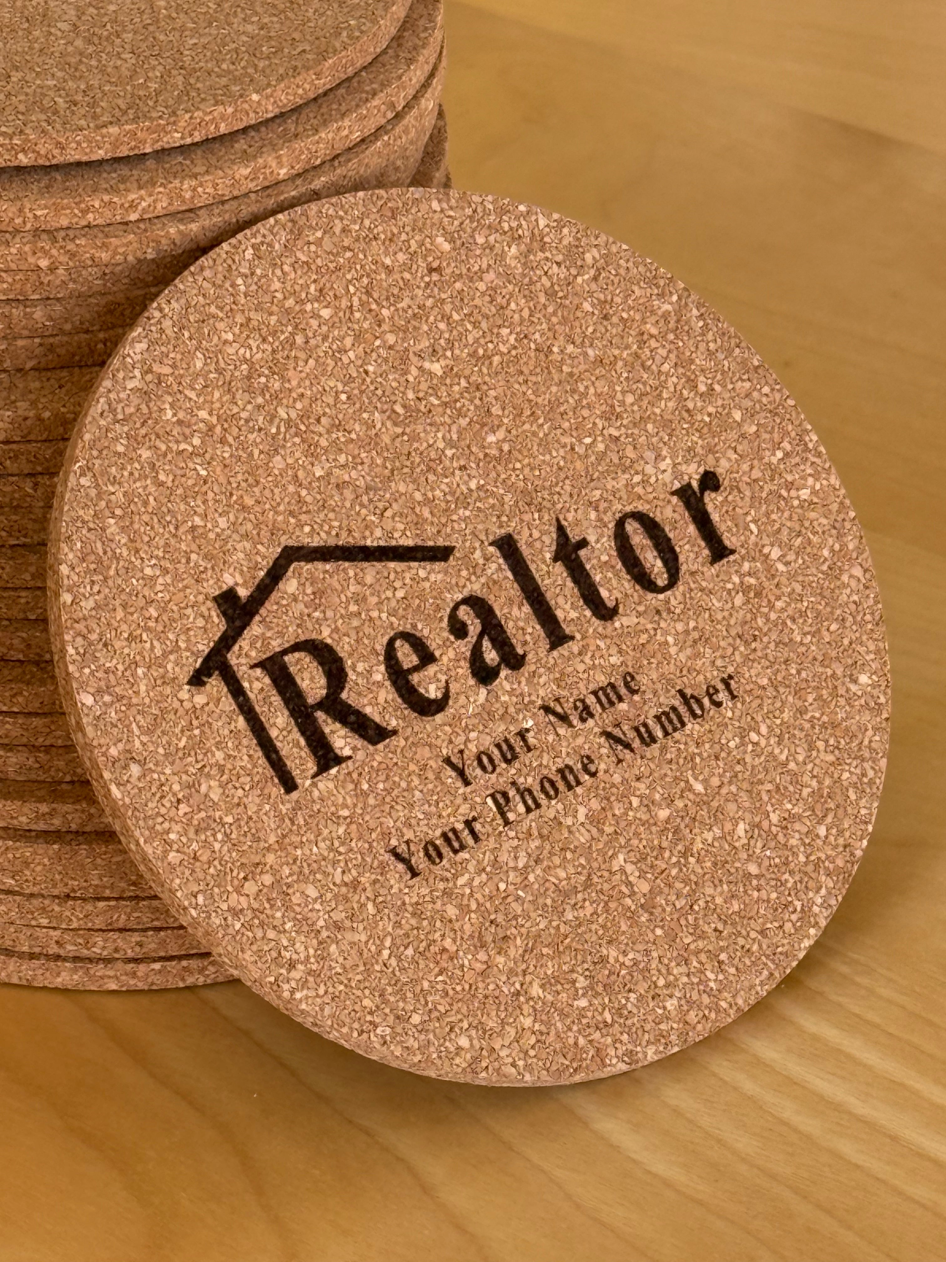 Custom Realtor Cork Coasters – Set of 25 | 3.5” Engraved Logo Coasters | Open House & Closing Gifts