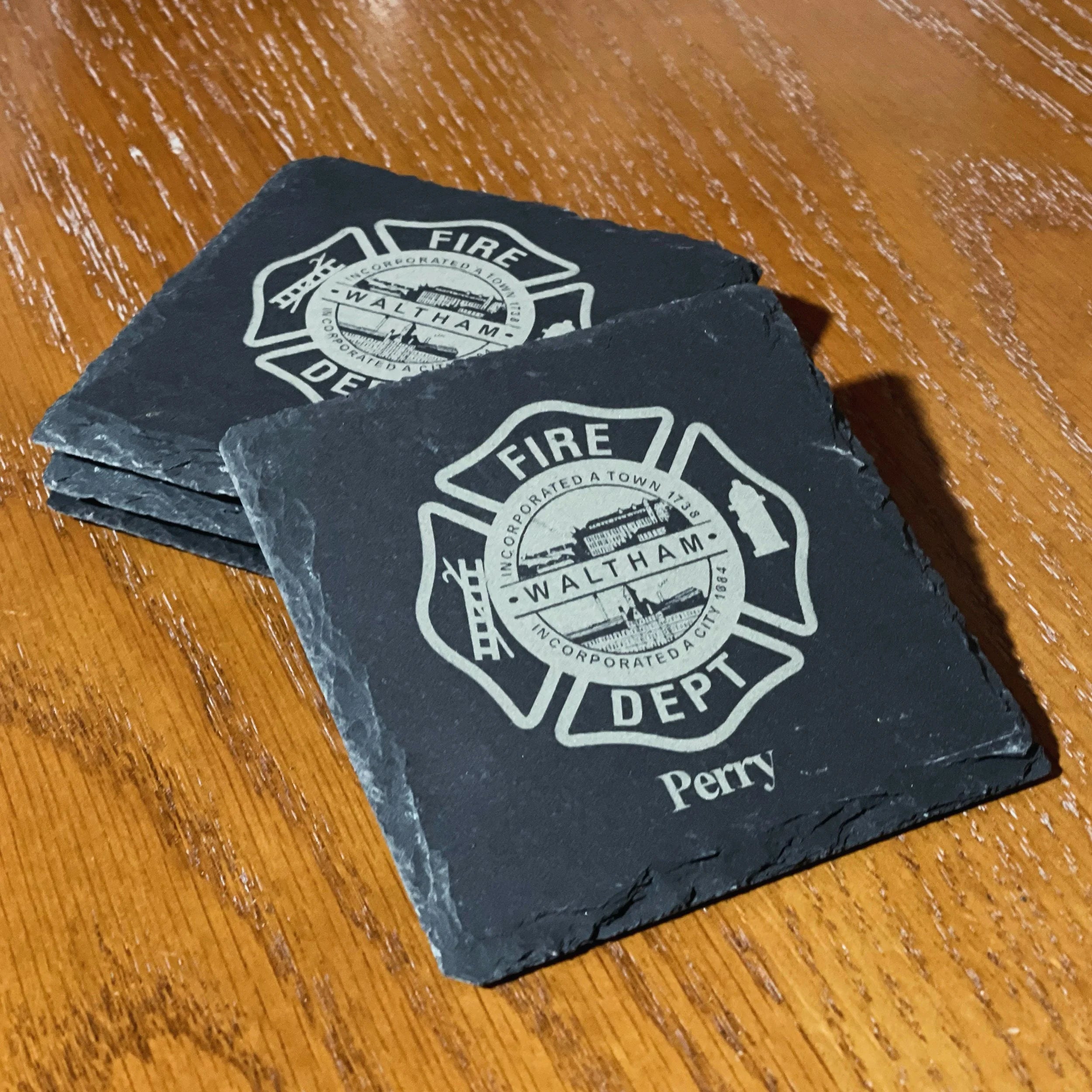Customized Fire Badge with/without names Set of 4 coasters
