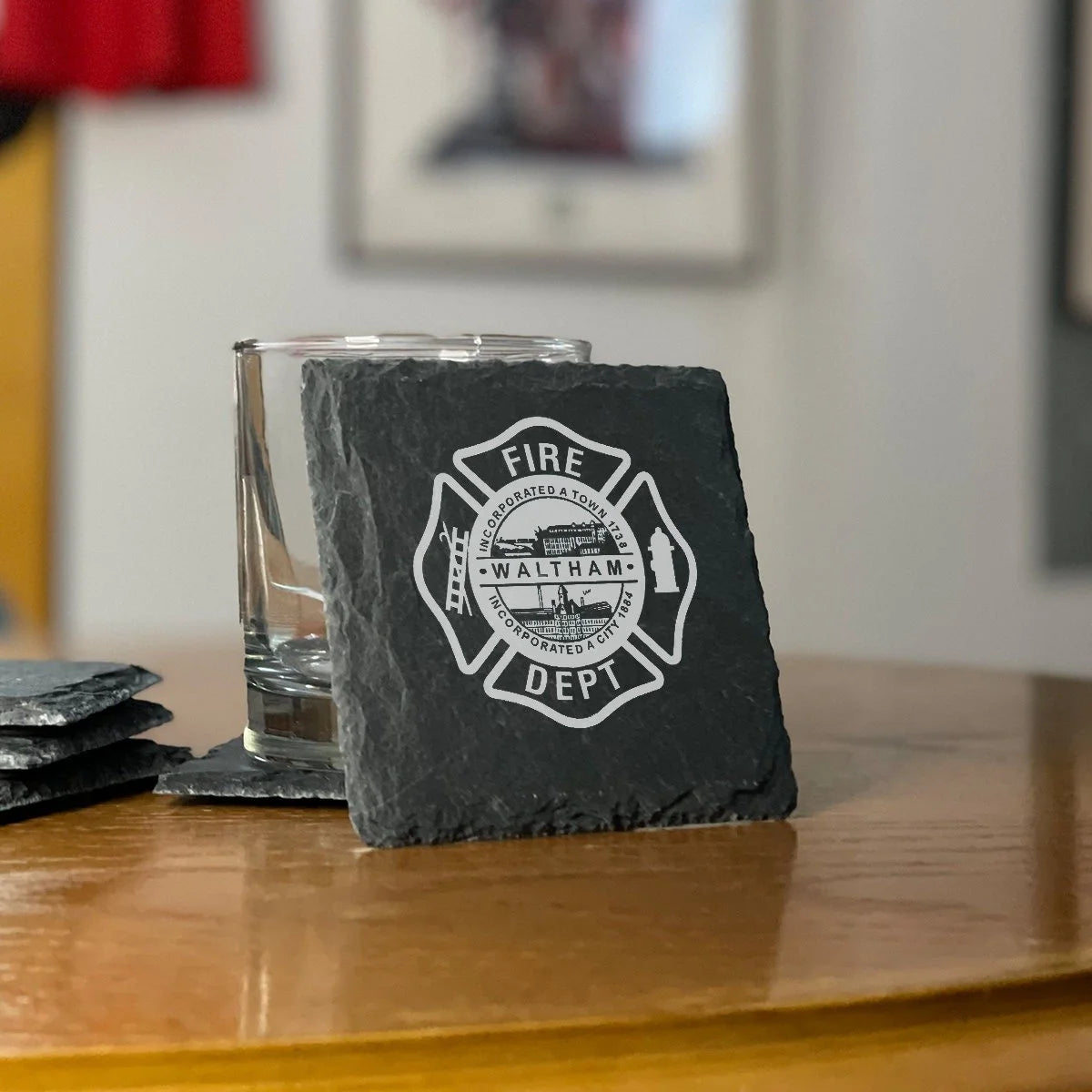 Customized Fire Badge with/without names Set of 4 coasters